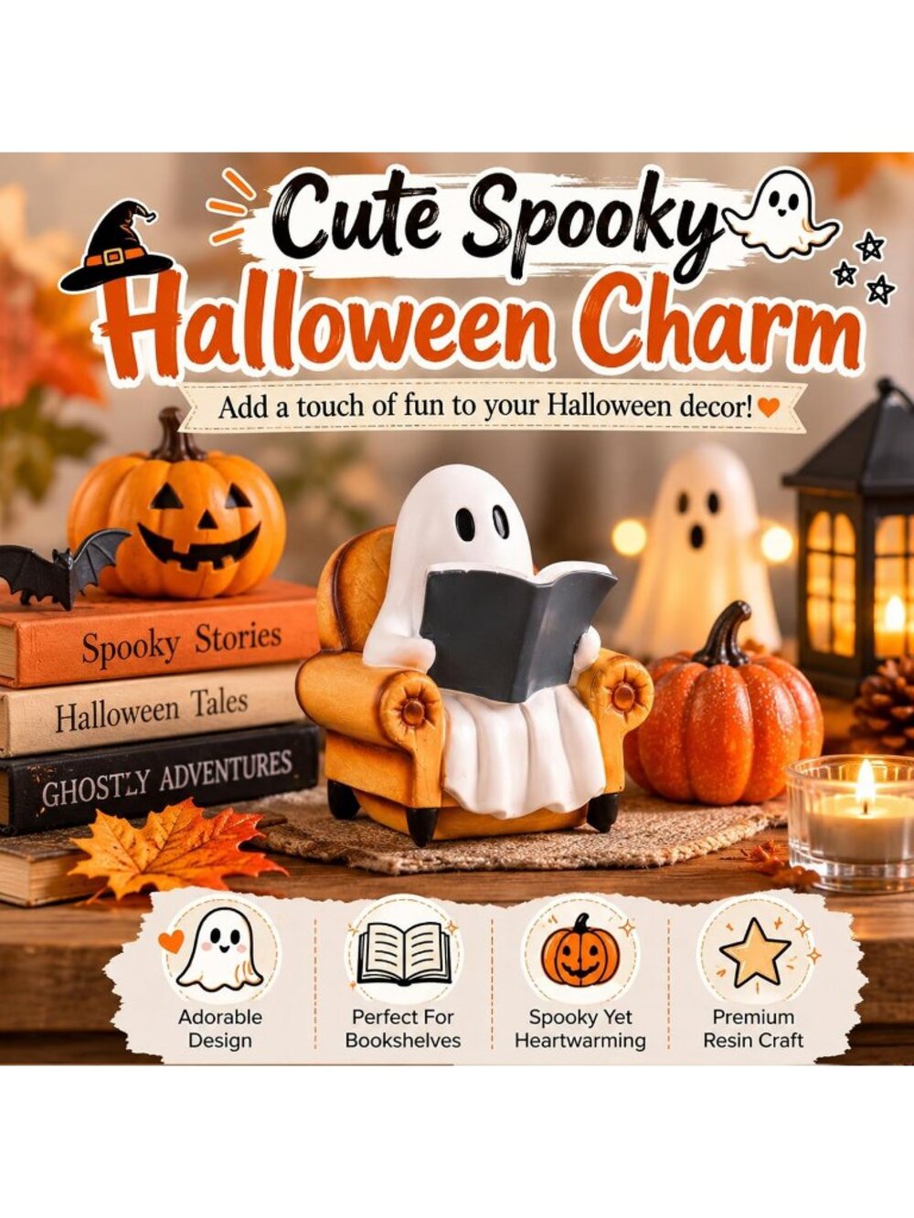 Halloween Ghost Reading Book Statue For Book Lovers Gifts And Indoor Decorations - Picture 3 of 6
